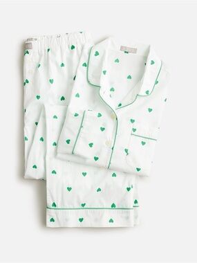 J. Crew White Pajama Set with Green Heart Print XS